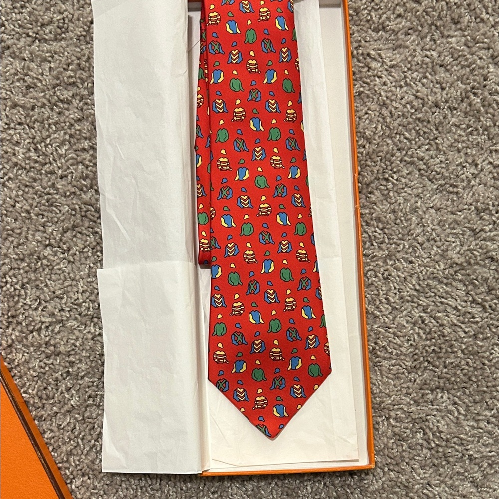 Hermes Red Tie with Colorful Icons